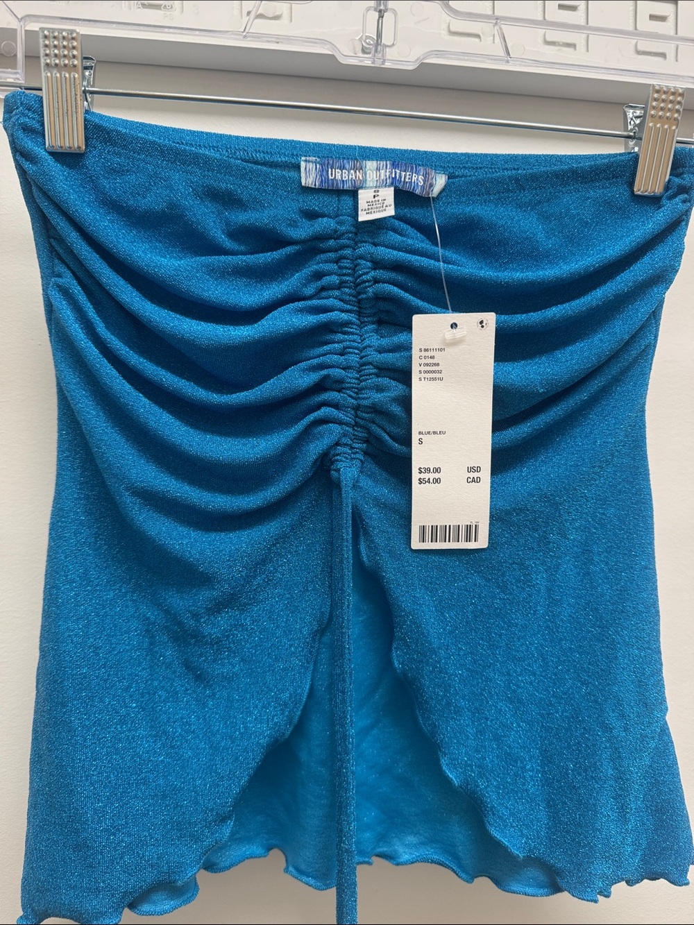 BNWT. Urban Outfitters Shimmery Teal Ruched Drawstring asymmetrical tube top. S